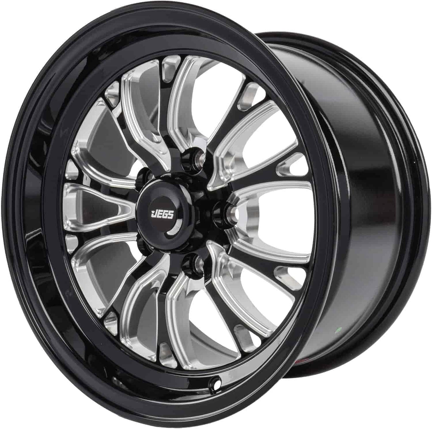 JEGS SSR Spike Wheel 15 x 8 | 5 x 4.5” Wheel Bolt Pattern Spacing | +27mm Offset | 5.5” Backspacing | Gloss Black with Milled Spoke Accents | 3.27” Center Bore