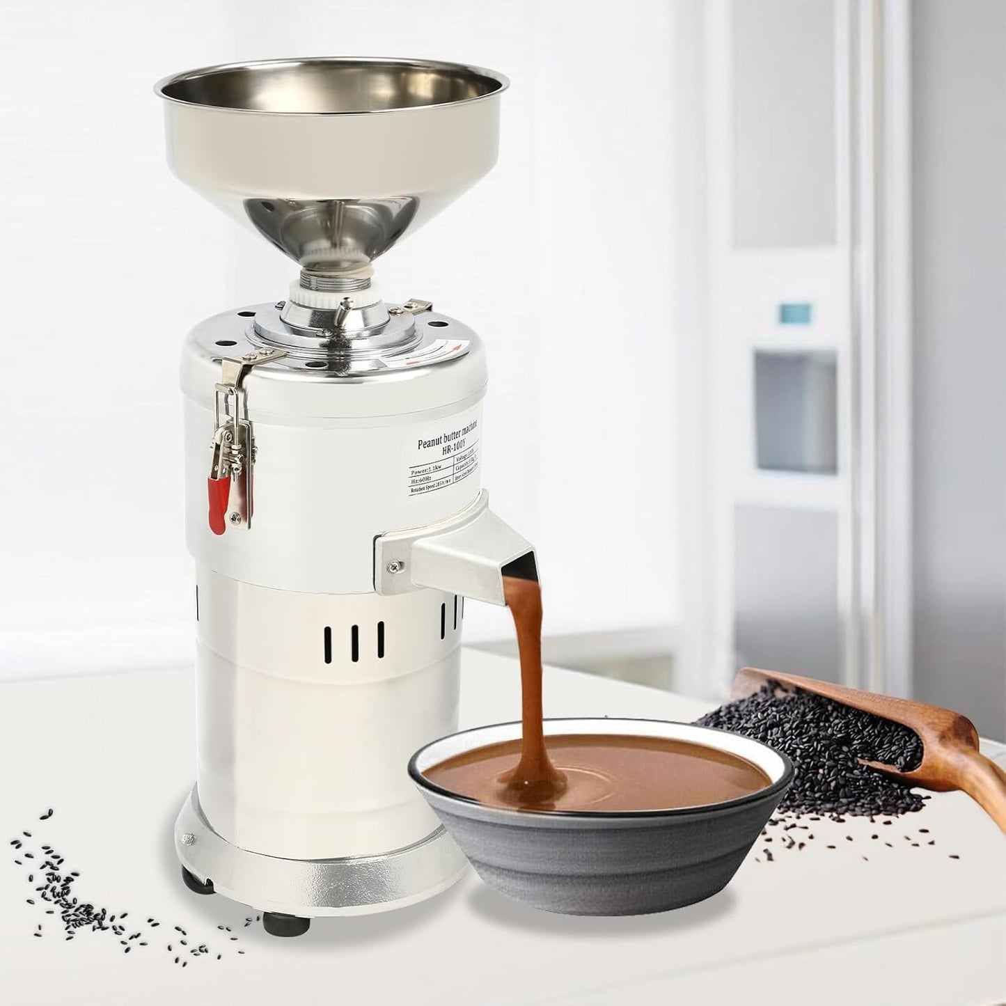33LBS/H Commercial Peanut Butter Maker Machine, 1100W 110V Electric Grain Grinder Sesame Grinding Machine Home Stainless Steel Peanut Butter Maker for Groundnut Almond Cashew Nut