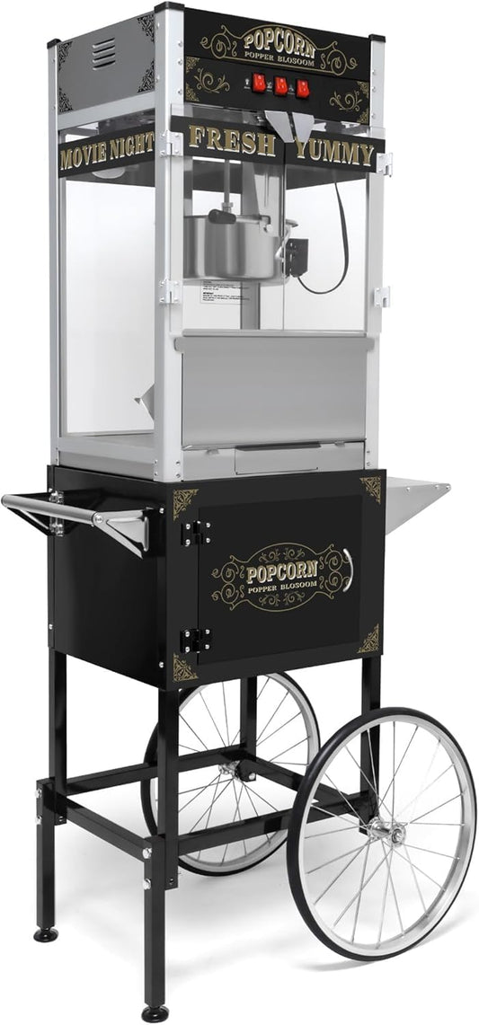 Large Popcorn Machine popcorn popper with Cart Wheels & 20 Oz Kettle Popcorn Maker Machine Vintage Style Movie Theater Popcorn Popper Machine for Parties, Events, Commercial, and Home Theater Black