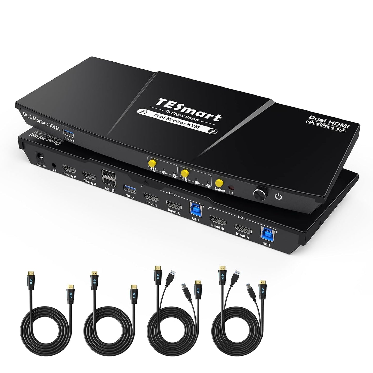TESmart USB 3.0 HDMI KVM Switch 2 Monitors 2 Computers 4K@60Hz, Dual Monitor KVM Switch HDMI 2 Port Extended Display, Audio&Microphone, EDID Emulators, Hotkey Switch, Button Switch with Input Cables