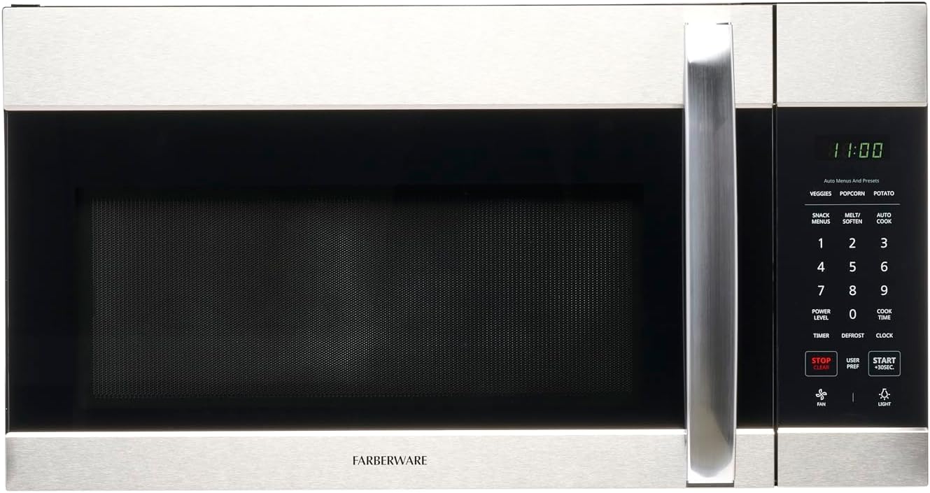 Farberware 1.7 Cu. Ft. Over-the-Range Microwave Oven \u2013 1000 Watts Power, Auto Cook Settings, Defrost, Easy Clean and Child Safety Lock - Stainless