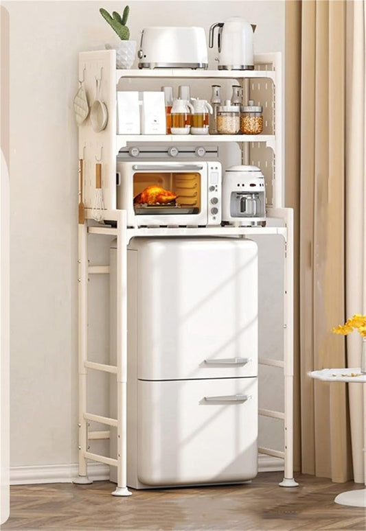 Mini Fridge Stand Storage Refrigerator Shelf 3 Tier Expandable Adjustable Height Microwave Stand Shelf Kitchen Bakers Rack for Refrigerators Below 1.2m Heavy Duty(White)