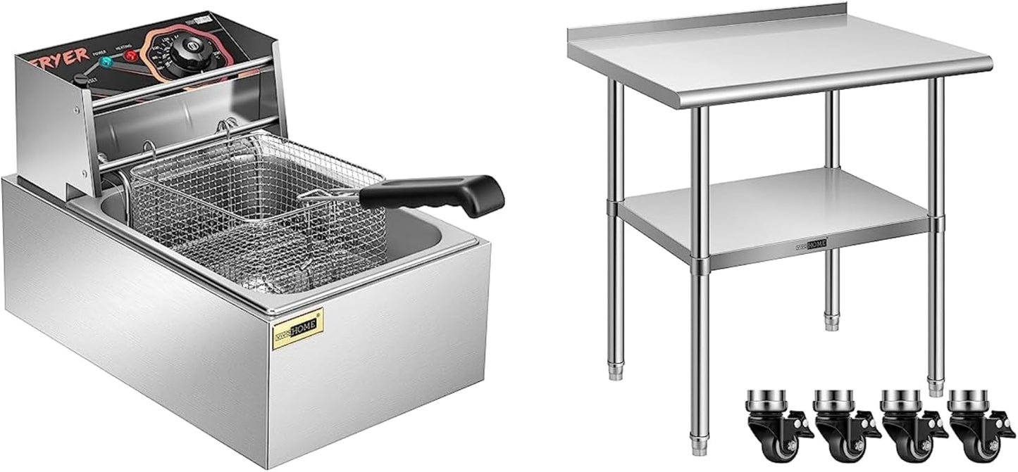 VIVOHOME 2500W 10.6 QT Electric Deep Fryer with 6.3 QT Removable Basket with VIVOHOME 24 x 30 Inch Stainless Steel Work Table with Backsplash, Food Prep Commercial Table with Wheels