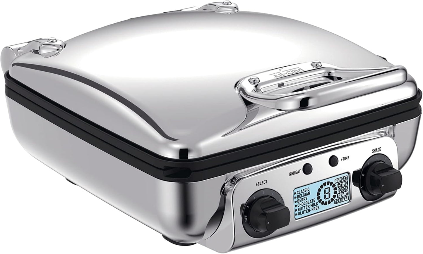 All-Clad Electric Stainless Steel Waffle Maker 4 slice, Digital screen and audible beep alert 7 Browning Levels, Square, Belgium Waffle, Removable Plates, Dishwasher Safe Silver