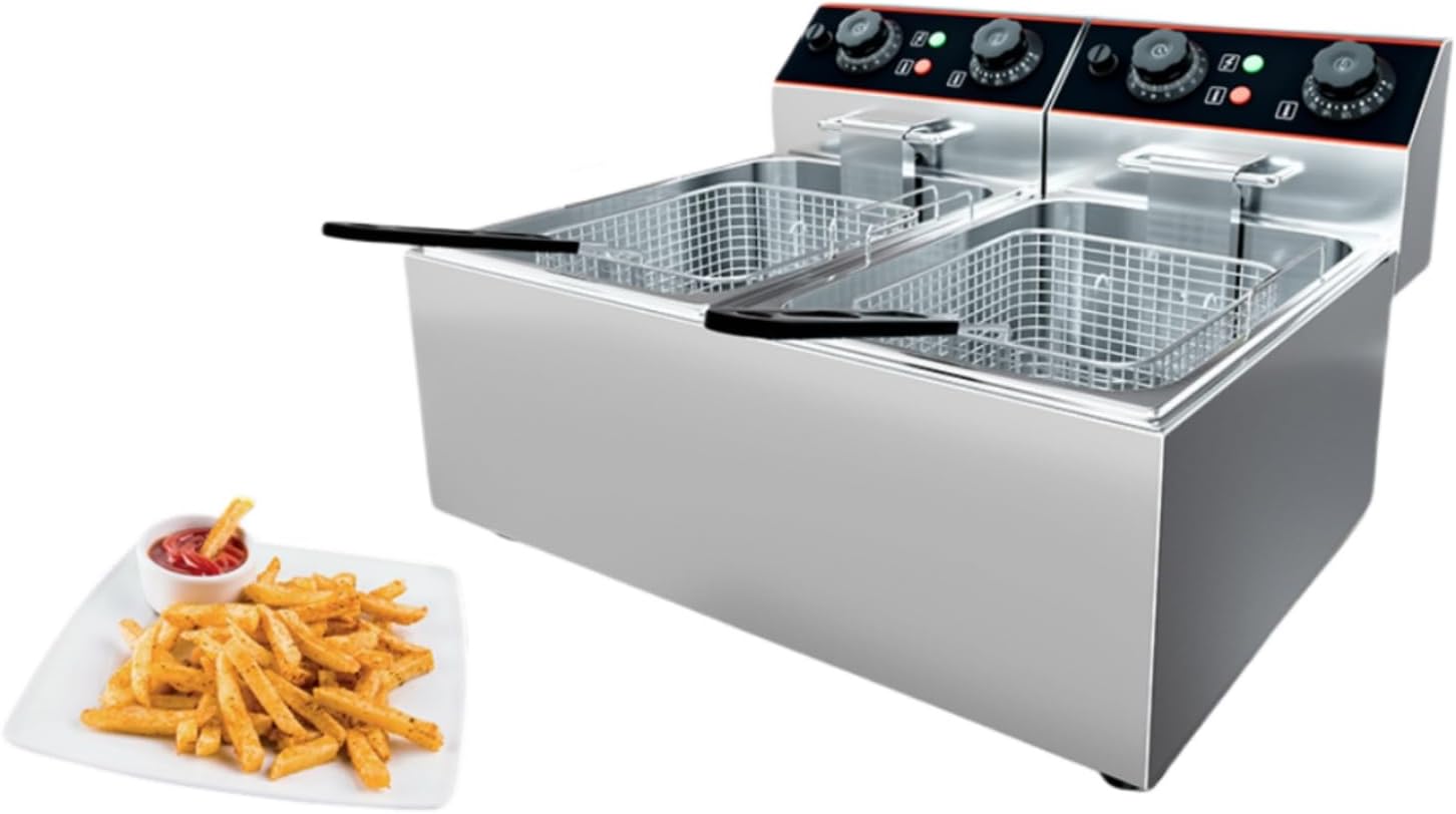 23 QT Commercial Deep Fryer，Stainless Steel Countertop Electric Deep Fryer with Basket, Individual Control,1500W+1500W
