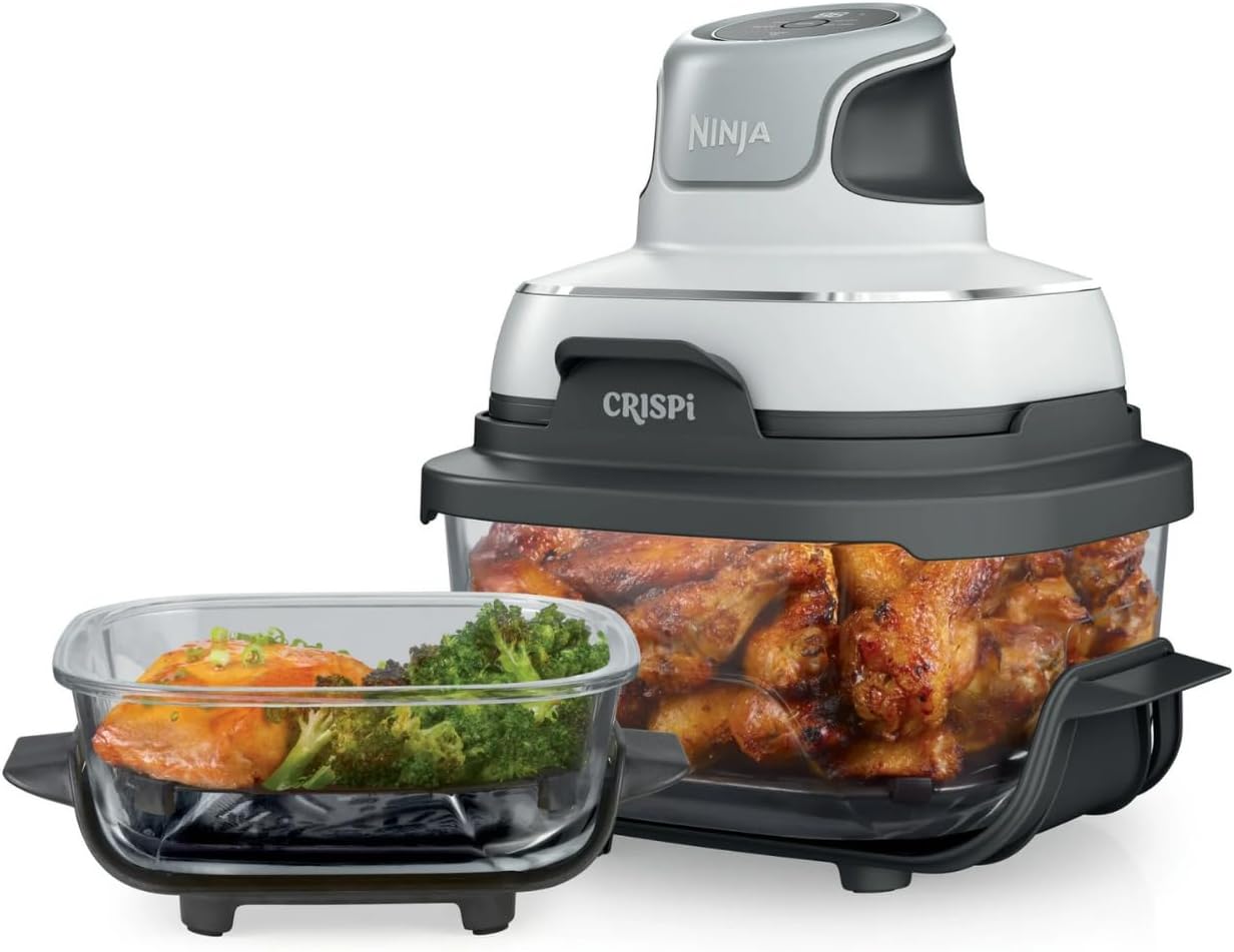 Ninja Crispi 3-in-1 Oil-Free Frying, Max Crisp, Air Fry, Recrisp, Easy Storage, Crisper Plate, Lid, Cook, Serve & Store. Compact Portable Cooking System \u2013 1500W Air Fryer 4QT (White)