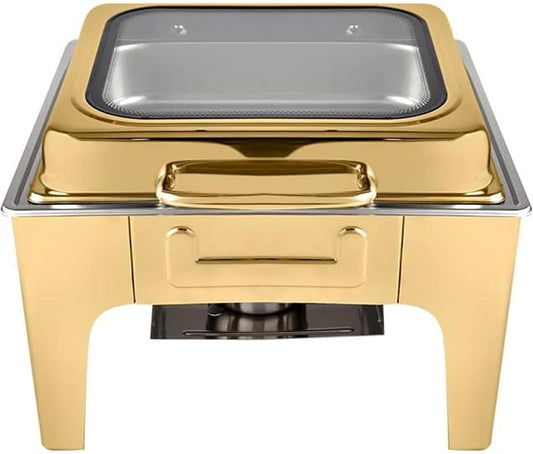 6.8L Golden Stainless Steel self-Service Stove, Heating Square Insulation Stove hot Pot Hydraulic Glass lid self-Service Stove, Suitable for Hotels, Restaurants, Parties