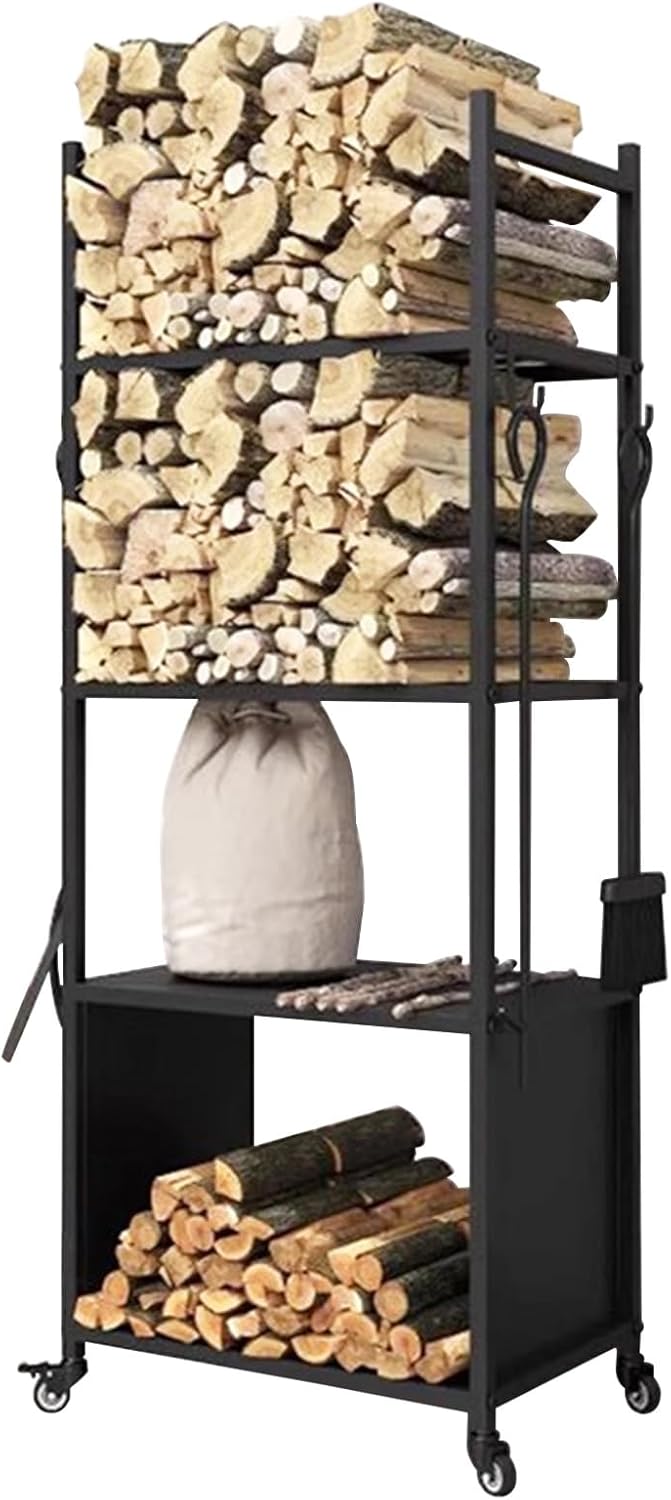 GTPBAO 4 Layers Log Rack Holder with Wheels, 45×30×118cm, Wrought Iron Firewood Cradle with Shovel Poker Brush Tongs, Black