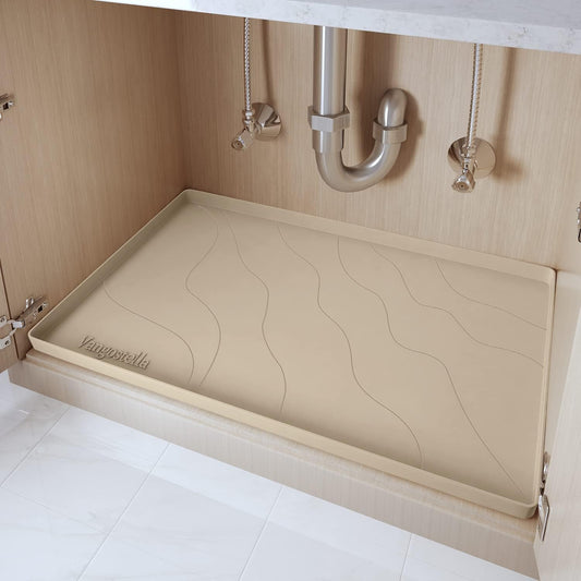 Vangostella Heavy Duty Silicone Under Sink Mat for Kitchen Waterproof 34" x 22", Extra Thick Rubber Mat Drip Tray, Raised Edge Under Sink Liner, Prevent Drips, Leaks, Spills, Beige