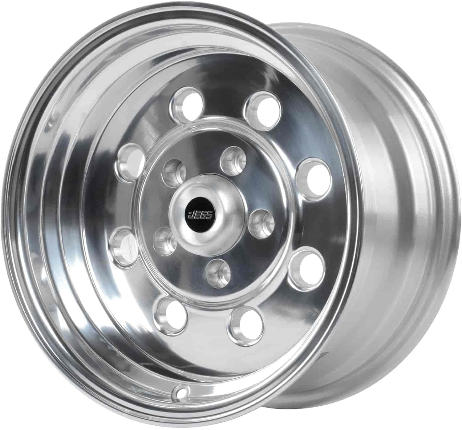 JEGS Sport Star Aluminum Wheel 15” x 8” | 5 x 4.75” Wheel Bolt Pattern Spacing | 0 mm Offset | 4.5” Backspacing | Polished Finish | 3.27” Center Bore | Includes Center Cap
