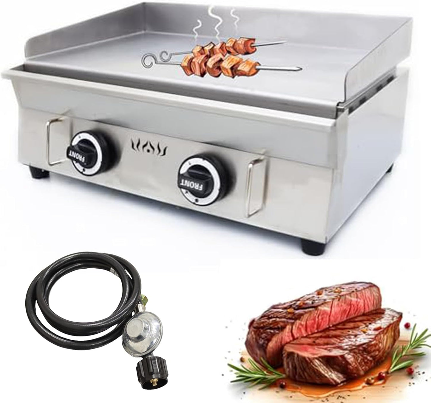 INTBUYING 2 Burners Commercial Flat Top Grill Gas Griddle with Low Pressure Valve 2800Pa Non-Stick Plate Flat Adjustable Temperature for Home Party Camping