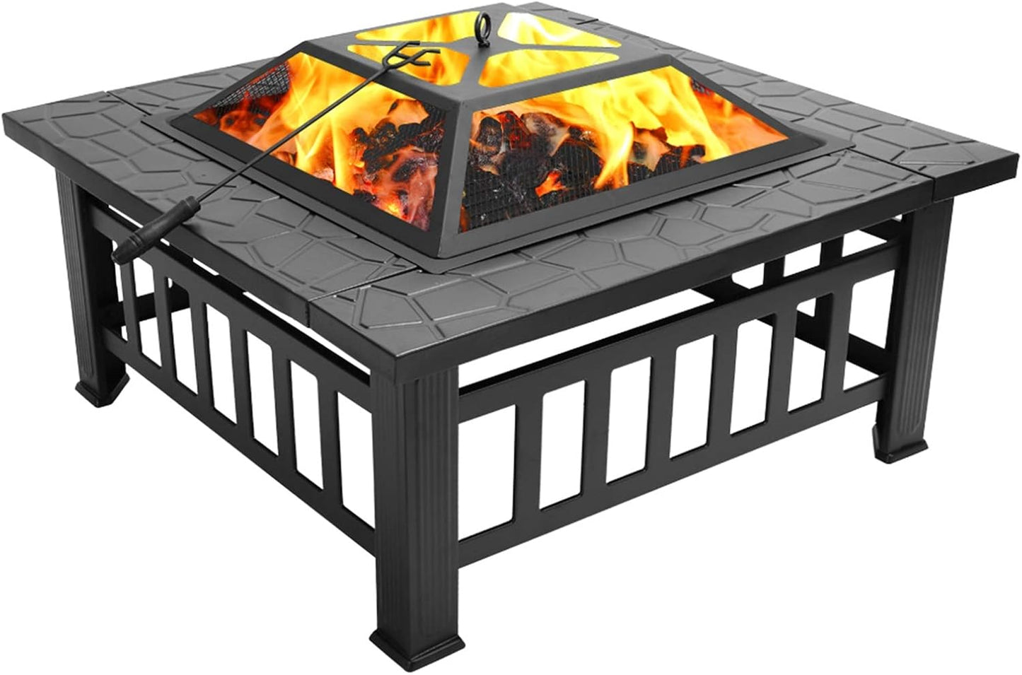 Multifunctional Fire Pit Table 32 inch Square Metal Firepit Stove Backyard Patio Garden Fireplace for Camping, Outdoor Heating, Bonfire and Picnic