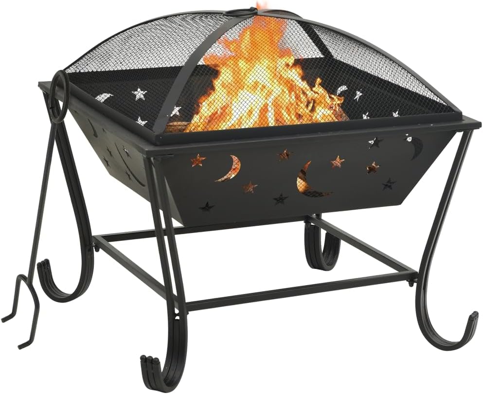Fire Pit with Poker Steel Outdoor Fire Pit with Mesh Cover and Poker for Garden and Patio Warmth 24.4" XXL Steel