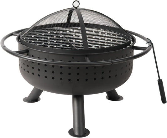 Outdoor Fire Pit with Grill, Black Metal, 26.57x21.26 Inch, Portable Charcoal BBQ Bowl, Mesh Spark Screen Cover, Multi-Functional Courtyard Cooking