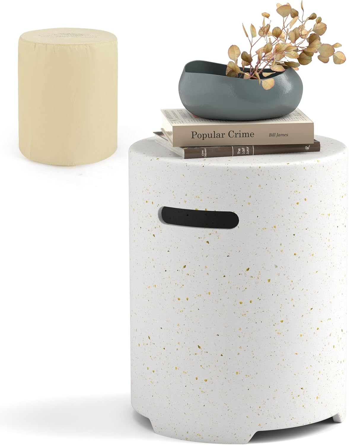 Happygrill Propane Tank Cover Table, Terrazzo Portable 16" Round Hideaway Tank Holder w/Side Handles & Protective Cover, 20 lbs Outdoor Gas Propane Tank Storage Box Side Table for Fire Pit, Patio