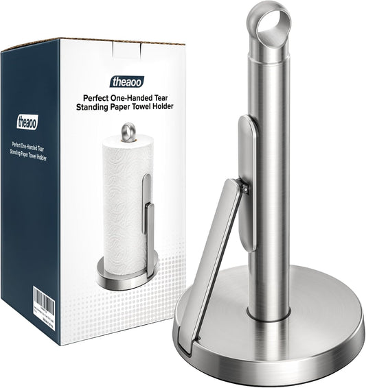 theaoo Heavy-Duty Stainless Steel Paper Towel Holder with Tension Arm \u2013 Easy One-Handed Tear, Modern Standing Countertop Dispenser for Kitchen, Holds All Paper Towel Rolls (1, Silver)