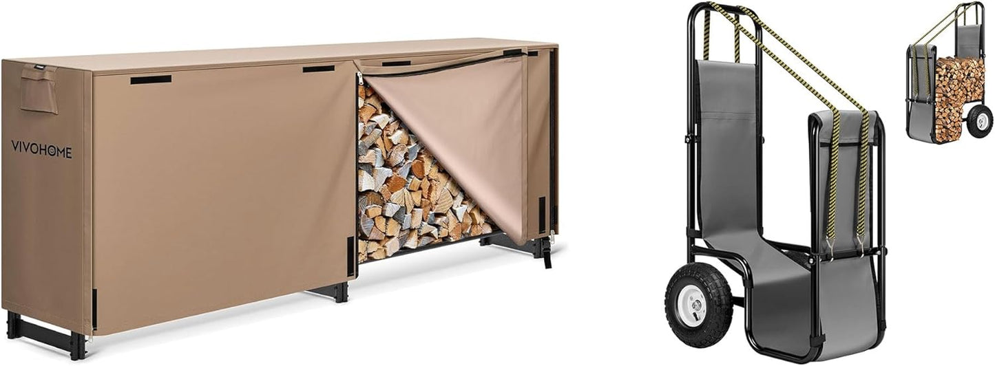 VIVOHOME 8ft Firewood Rack with Cover, Log Holder and Cover Combo Set with Zipper, Brown, with Firewood Cart Carrier with Rubber Wheels and Oxford Cloth, 250 LB Capacity Heavy Duty Steel Dolly Hauler