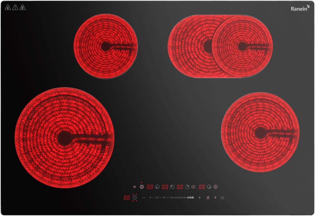 Ranein Electric Cooktop with 4 Burners, 30 inch 7900W 240V Ceramic Panel Electric Cooktop, Multiple Safety Protections Stove, Touch Screen