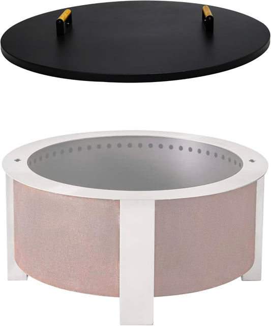 35” Round Fire Pit Lid – Heat Resistant Fire Pit Cover Lid Round for Outdoor Fireplace -16 Gauge Steel Flat Fire Pit Burner Pan Cover with Dual Wooden Handles Snuffer Lid for Patio FirePit Ring