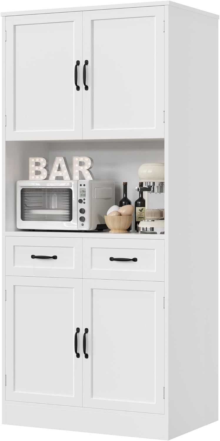 HOSTACK 71\u201C Tall Kitchen Pantry Storage Cabinet, Modern Kitchen Hutch Bar Cabinet with Microwave Stand, Wood Buffet Sideboard with Hutch, Cupboard with Drawers, Shelves for Dining Room, White