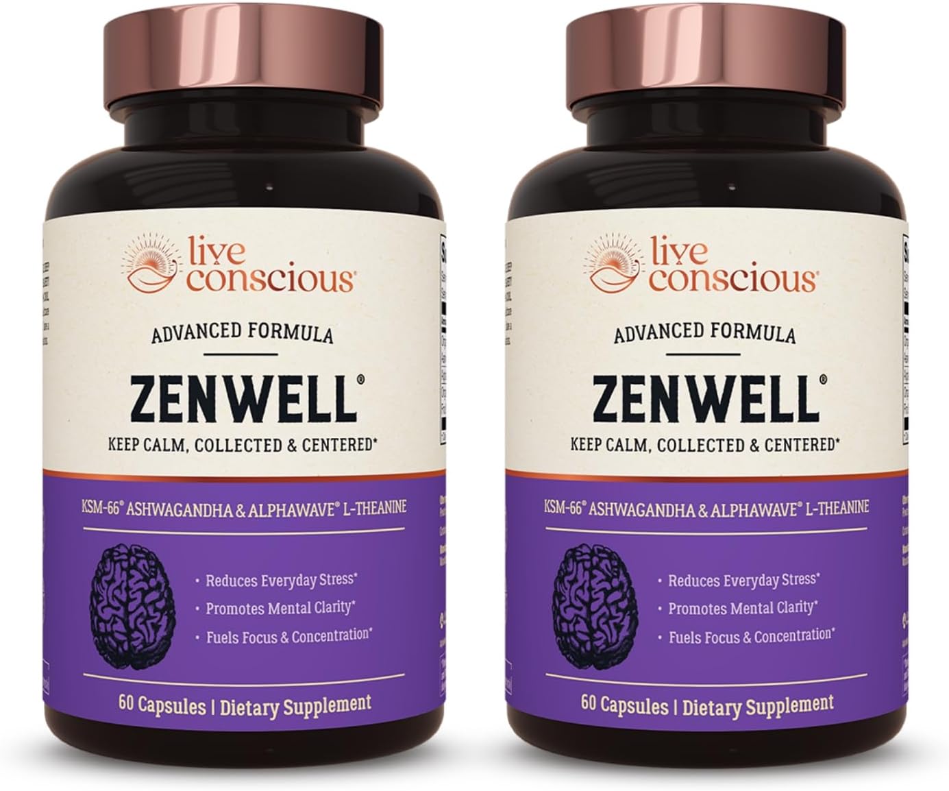 Live Conscious KSM-66 Ashwagandha Supplement w\/L Theanine & AlphaWave - ZenWell Everyday Stress Relief, Cognitive, Brain Health - Ashwagandha for Men & Women - 60 Capsules (2-Pack)