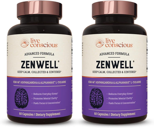 Live Conscious KSM-66 Ashwagandha Supplement w\/L Theanine & AlphaWave - ZenWell Everyday Stress Relief, Cognitive, Brain Health - Ashwagandha for Men & Women - 60 Capsules (2-Pack)