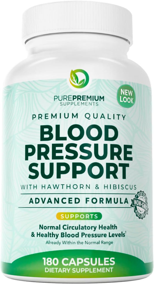 PurePremium Blood Pressure Supplements with Hawthorn Berry, Hibiscus, Garlic & Vitamin B12- Nitric Oxide Supplement for Normal Heart Health, Circulation Health & Blood Pressure Support - 180ct