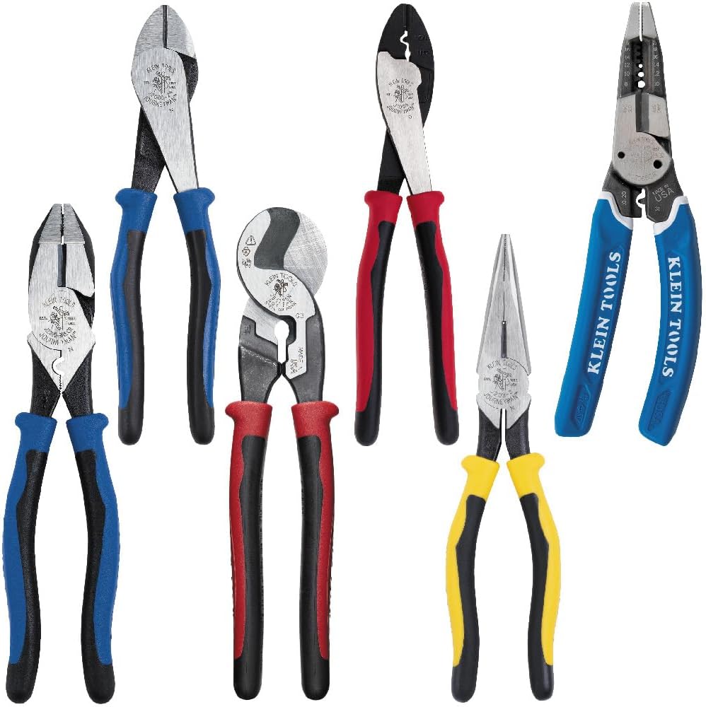 Klein Tools 80086 Journeyman Plier Kit, Made in USA, High Leverage Side Cutting, Diagonal, Long Nose Pliers to Strip, Cut and Crimp Wire, 6-Piece