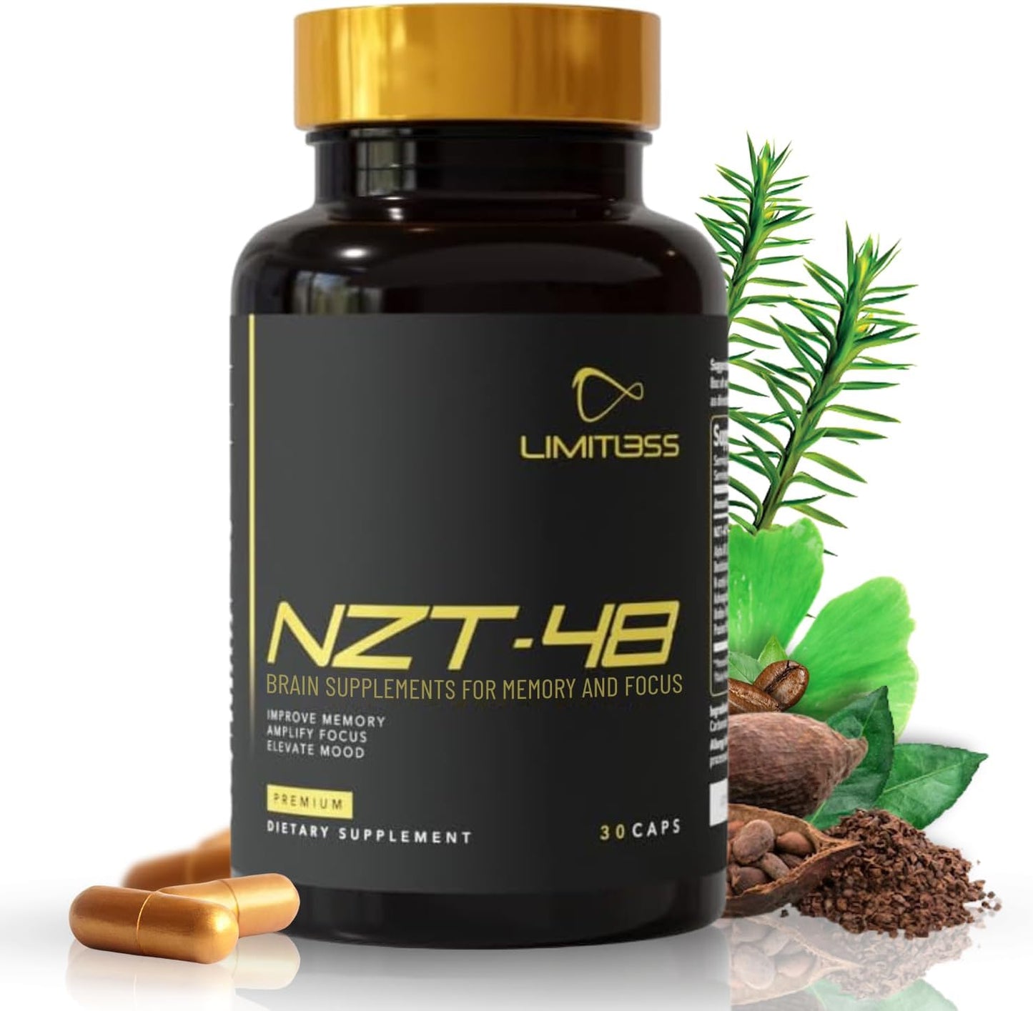 NZT-48 Brain Booster | Nootropic Brain Supplements for Memory and Focus | Premium Natural Energy Supplement with Caffeine, Phosphatidylserine, Vitamins B6 & B12, Ashwagandha | 30 Servings