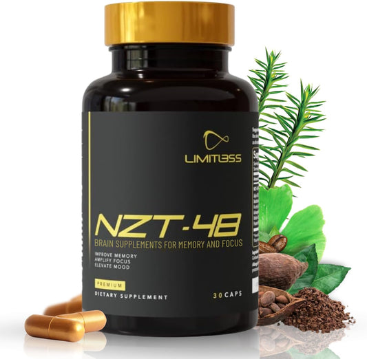 NZT-48 Brain Booster | Nootropic Brain Supplements for Memory and Focus | Premium Natural Energy Supplement with Caffeine, Phosphatidylserine, Vitamins B6 & B12, Ashwagandha | 30 Servings