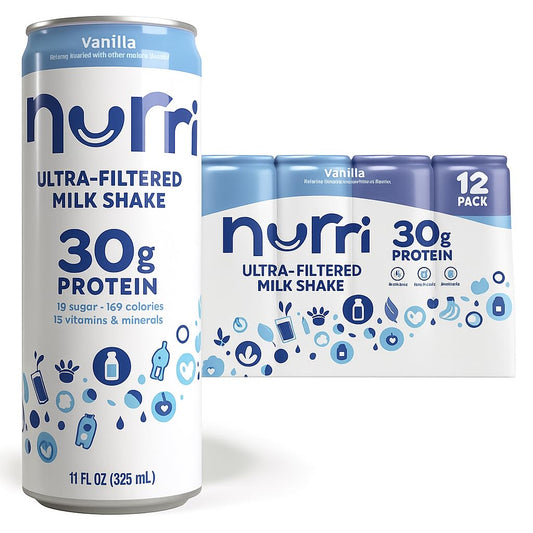 Nurri 30g Protein Vanilla Shake, Only 1g Sugar | Just 150 Calories | Convenient 12-Pack of 11 fl oz Cans | Premium Grade A | 100% Lactose-Free for Easy Digestion