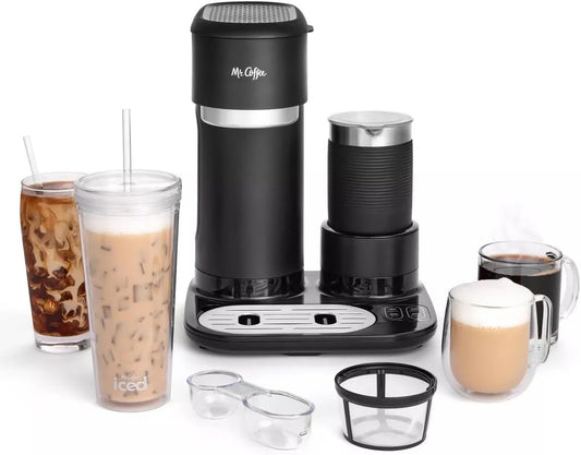 Mr. Coffee 4-in-1 Single-Serve Latte, Iced, and Hot Coffee Maker with Milk Frother and Tumbler Black