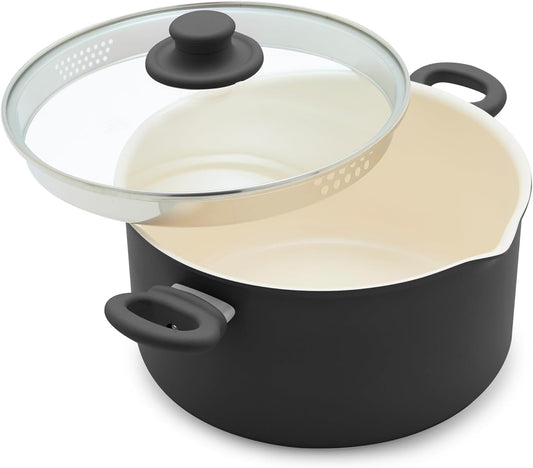 GreenLife 6QT Ceramic Nonstick Stockpot with Glass Straining Lid, PFAS-Free, Dishwasher Safe, Stay-Cool Handles, Oven Safe to 350°F, Wobble-Free Base, Even Heating, Black