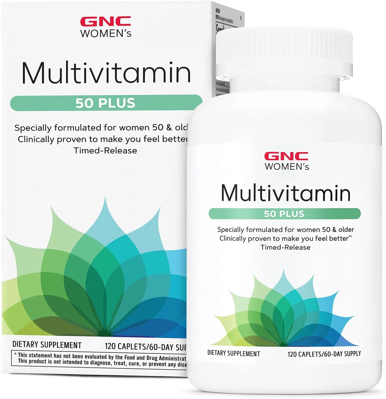 GNC Women\u2019s 50 Plus Multivitamin Caplets, Clinically Proven to Feel Better, Vitamin D-3, Immune, Strong Bones, Memory, Mental Sharpness, Vision, Biotin, Timed Release, 120 ct, 60 svgs