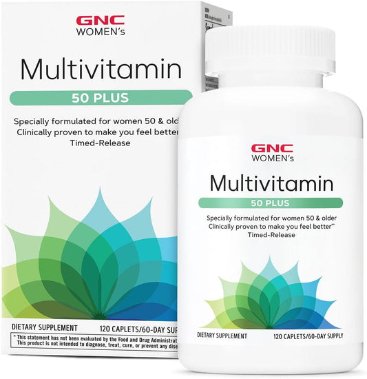 GNC Women\u2019s 50 Plus Multivitamin Caplets, Clinically Proven to Feel Better, Vitamin D-3, Immune, Strong Bones, Memory, Mental Sharpness, Vision, Biotin, Timed Release, 120 ct, 60 svgs