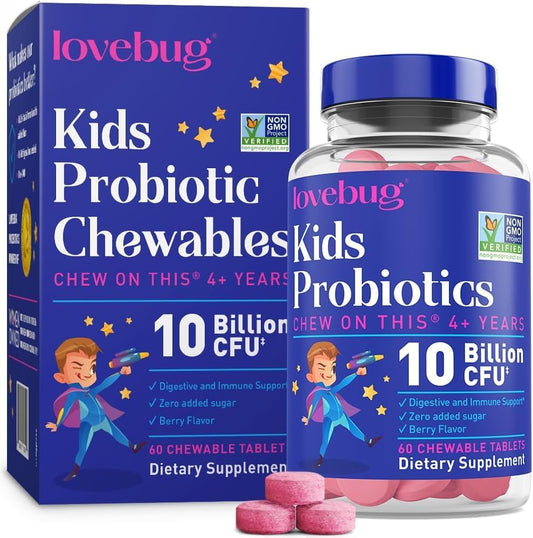LOVEBUG Probiotics for Kids \u2013 Probiotic Chewables with Prebiotic Fiber for Age 4+,Daily Children's Gut Health & Digestive Support Supplement, Sugar-Free Berry Flavor, 60 Count