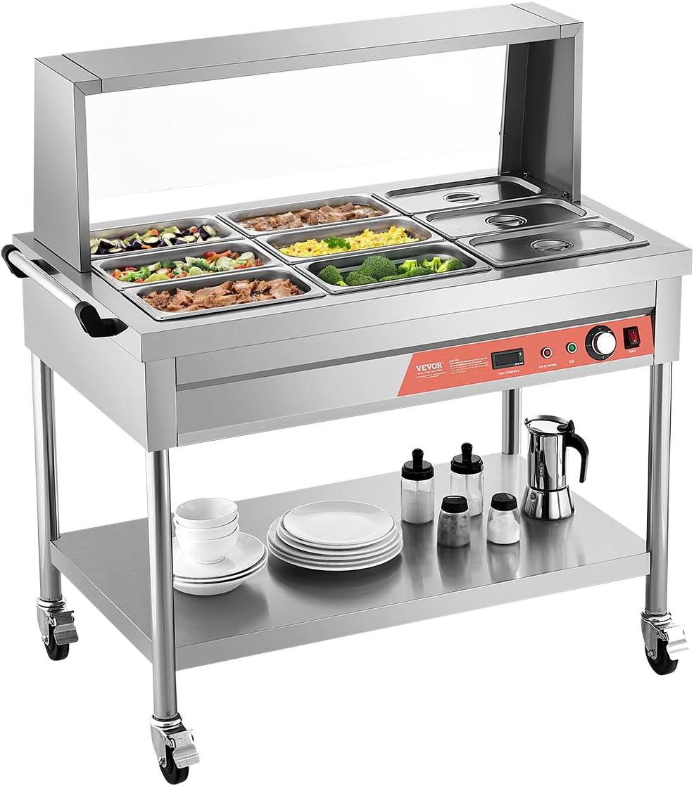 VEVOR 9-Pan Commercial Food Warmer, 9 x 1\/3 Pans Electric Steam Table, 1500W Professional Buffet Catering Food Warmer with Shield Undershelf Wheels, Stainless Steel Server for Party Restaurant