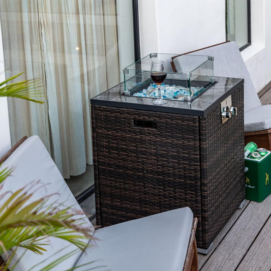 22 Inch Propane Fire Pit Table with Glass Wind Guard and Wicker Base for Outdoor Patio Garden Backyard Decor (Espresso + Wicker + Classic + French + French Country + Luxury)