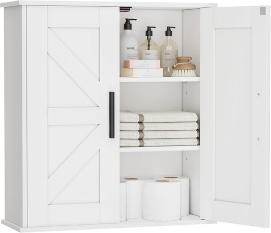Homleke Bathroom Wall Cabinet, Over Toilet Storage Cabinet with Barn Doors and Adjustable Shelves, 3-Tier Medicine Cabinet Wall Mounted, for Bathroom, Kitchen, Entryway, Laundry Room, White, (7.9" D)