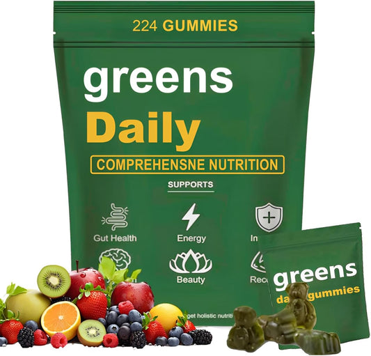 Greens Gummies - Organic Chlorella and Spirulina, Digestive & Gut Health, Formulated with 60+ Ingredients, Multi-Vitamins & Minerals, Daily Gummies, 224 Gummies Bear
