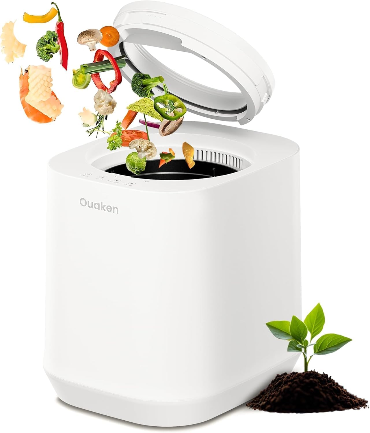 Ouaken 4L Electric Composter for Kitchen, Smart Countertop Compost Bin, Odorless | Low Noise | Auto-Cleaning | Turn Food Waste into Fertilizer, Indoor Food Waste Compost Machine, White