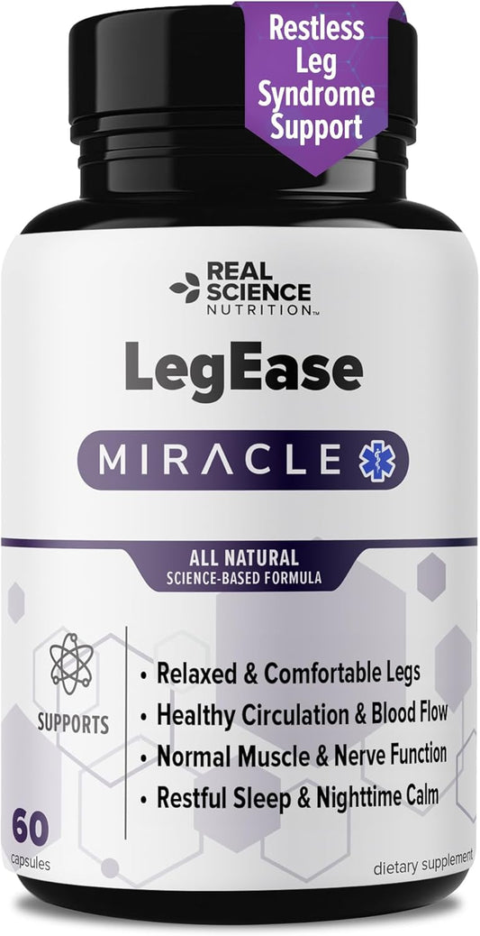 Real Science LegEase Miracle – All Natural Restless Legs Syndrome Relief & Leg Cramp Supplement with Vitamins C, D, K, B6, B12 + Nitric Oxide Support – Sleep & Circulation Aid – Made in USA, 60 Caps