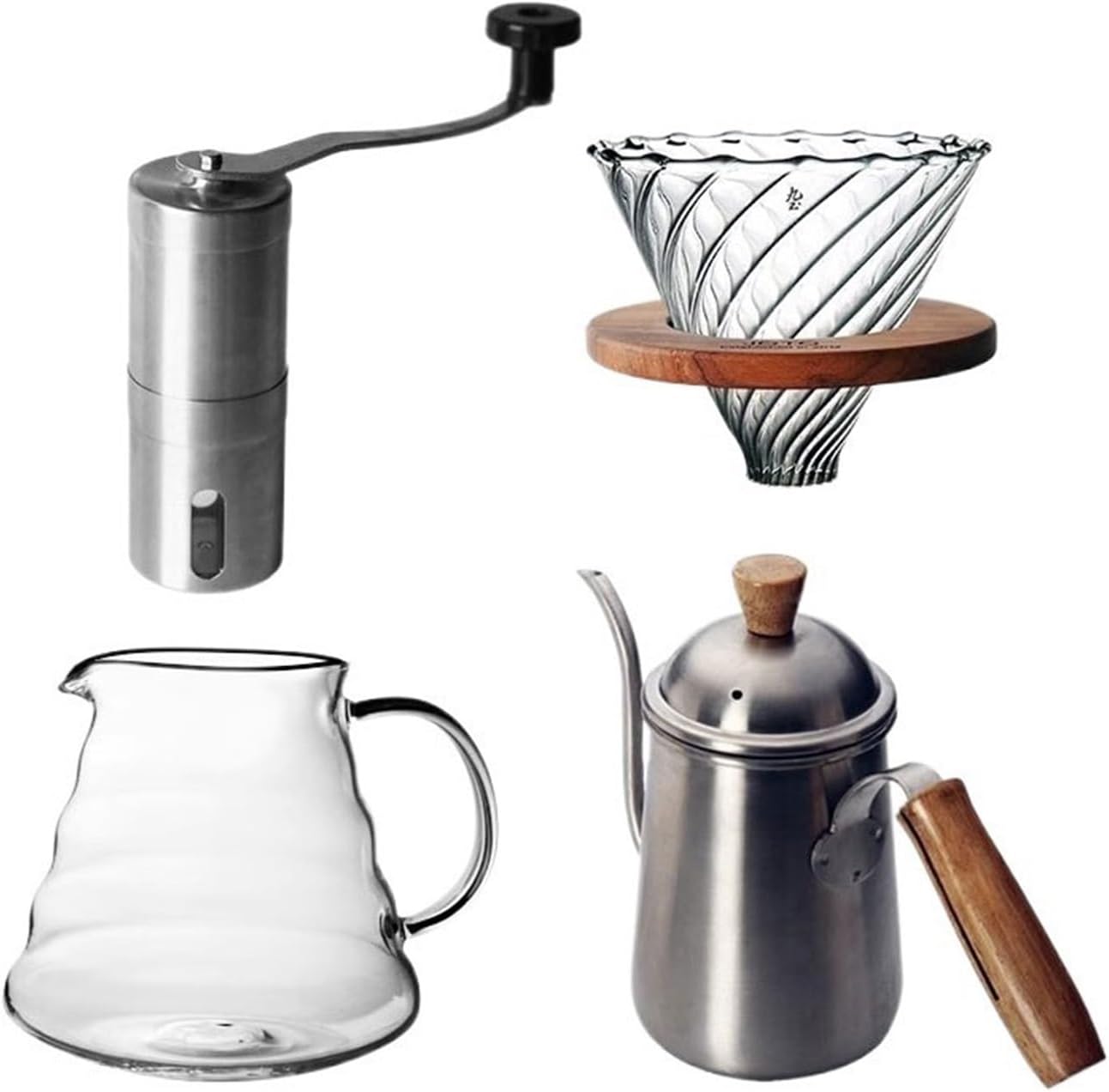 GRFIT Coffee Kettle Stainless Steel Wooden Handle Coffee Pot Set Manual Grinder Coffee Bean Maker Glass Coffee Thickened Filter Cup Sharing Pot Flow Spout for Coffee and Tea, XXCCHH-2021