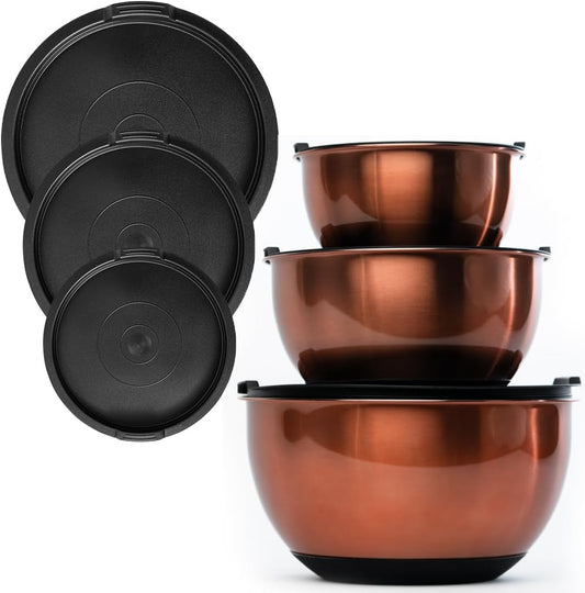 Samma Copper Mixing Bowl Set - Stainless Steel Body with Black Silicone Bottom - 3 Piece Set with Lids