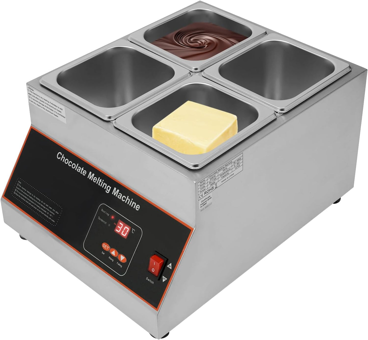 4 Tanks Commercial Chocolate Melting Pot, 500W Chocolate Tempering Machine Stainless Steel Commercial Chocolate Melter Food Warmer with Adjustable Temper & Lid, Electric Melting Pot Capacity 26.46lbs