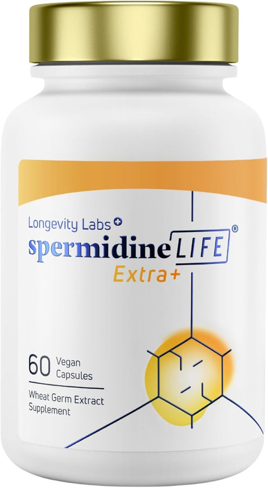 Longevity Labs+ spermidineLIFE Extra+ Natural Supplement, Non-Synthetic Plant-Based Wheat Germ Extract with High Spermidine & Zinc for Cell Renewal, Vegan, for Women & Men, 60 Capsules