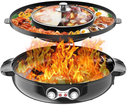 Hot Pot with Grill, Hot Pot Electric with Dual Temperature Control, Hot Pot with Divider 110V Smokeless Multifunctional Non-stick Portable Shabu Split Korean BBQ Grill for Family Dinner Party(Black)