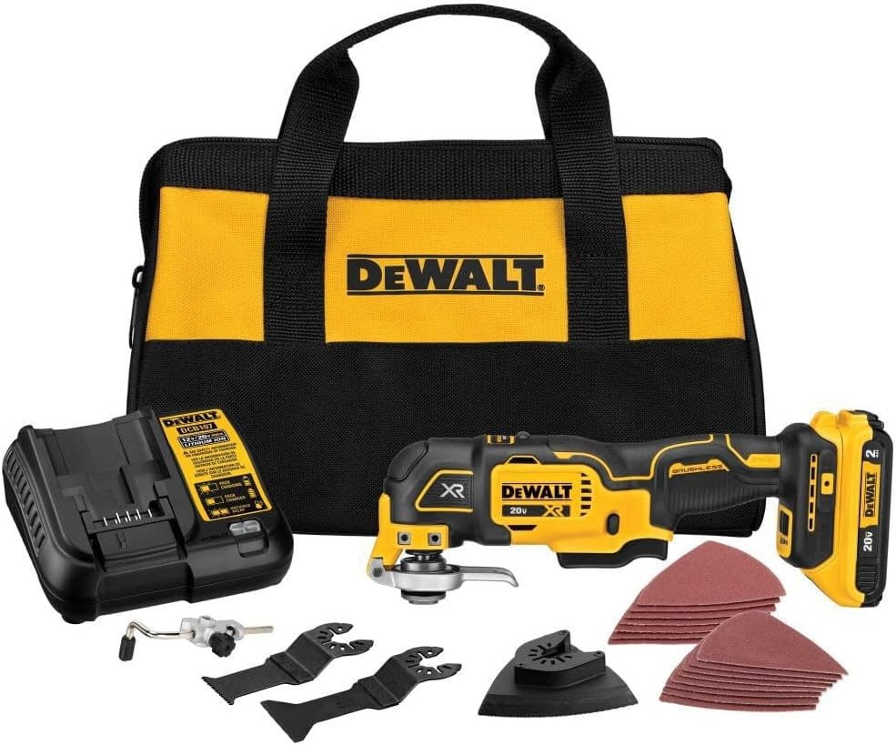 DEWALT 20V Oscillating Tool, Cordless, Wood Blades, Sandpaper, Tool Bag, Battery and Charger Included (DCS356SD1)