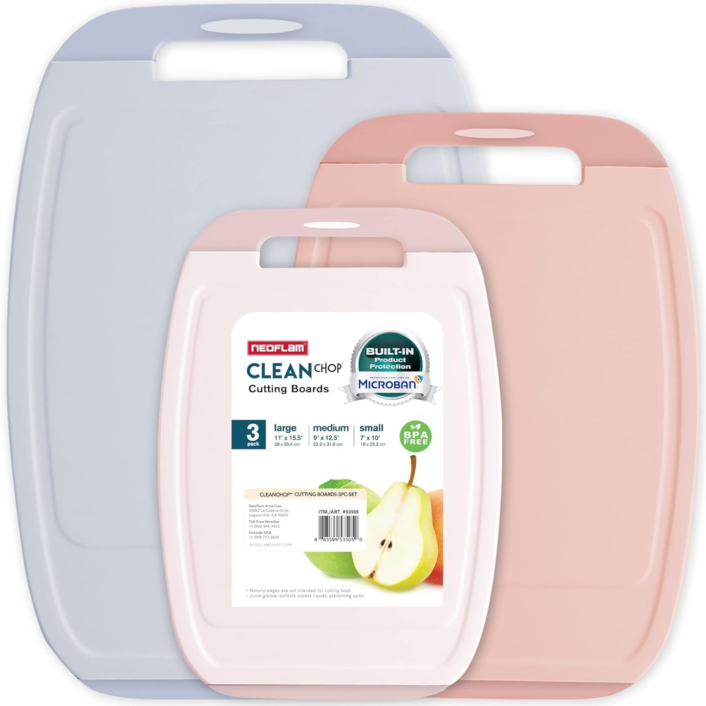 Neoflam Microban Protection Cutting Board 3 Piece Set, Stain & Odor\/BPA Free, Reversable Board, Upgraded Larger Juice Groove, Non-Slip EZ Grip Handle, Dishwasher Safe, Pastel