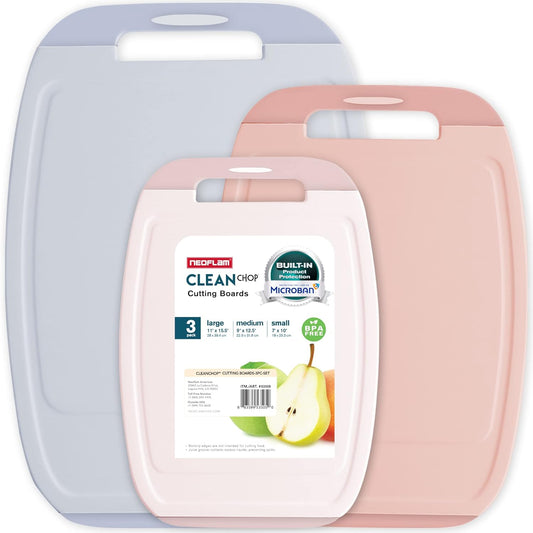 Neoflam Microban Protection Cutting Board 3 Piece Set, Stain & Odor\/BPA Free, Reversable Board, Upgraded Larger Juice Groove, Non-Slip EZ Grip Handle, Dishwasher Safe, Pastel
